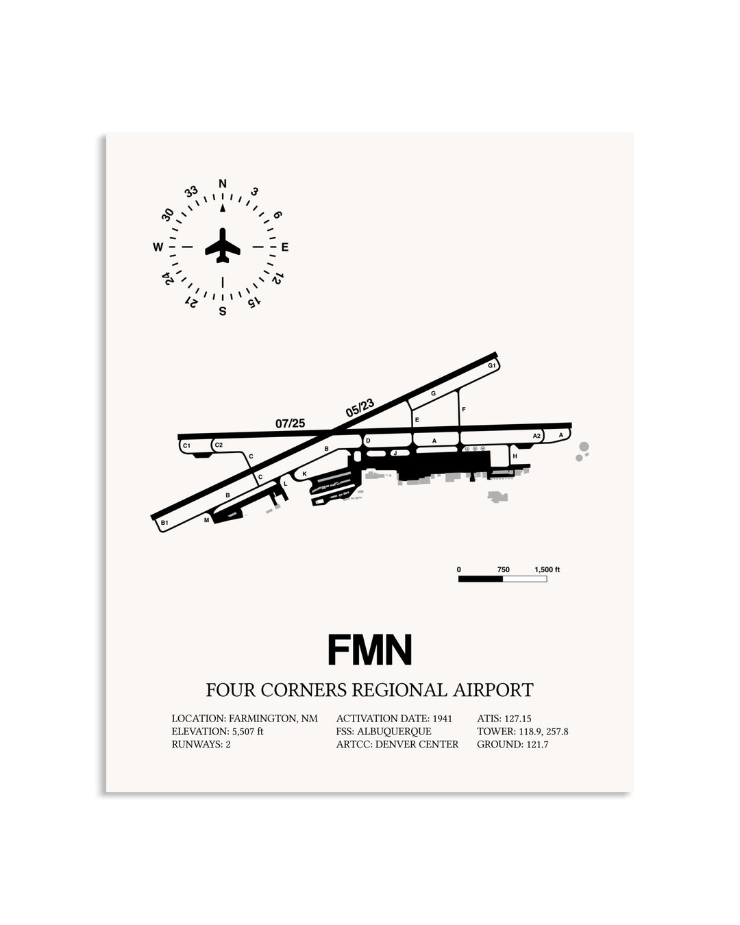 Gray Four Corners Regional Airport framed poster displayed in an airplane hangar