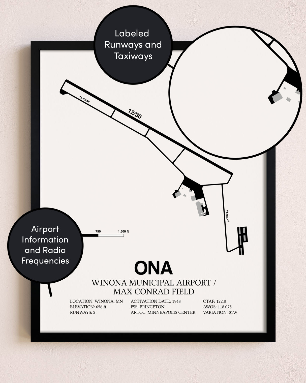 Framed Winona Municipal Airport / Max Conrad Field layout wall art poster