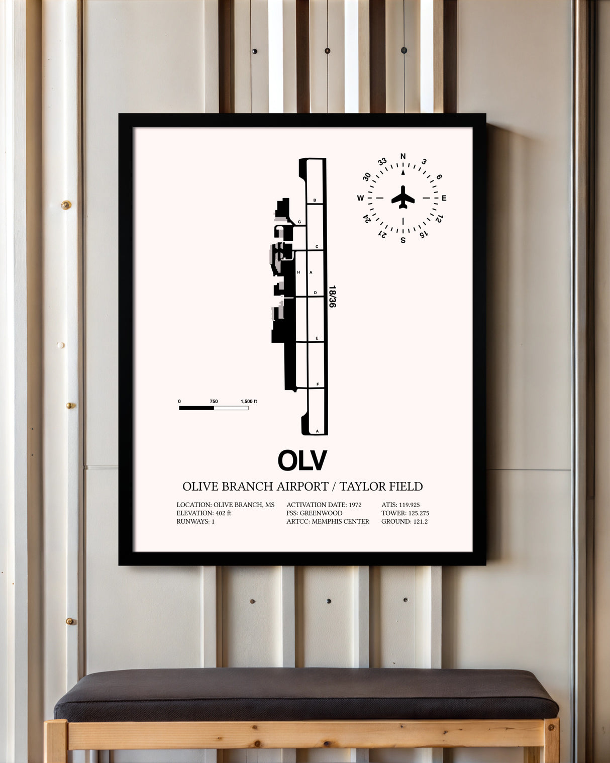 Olive Branch Airport / Taylor Field framed poster displayed in an airplane hangar