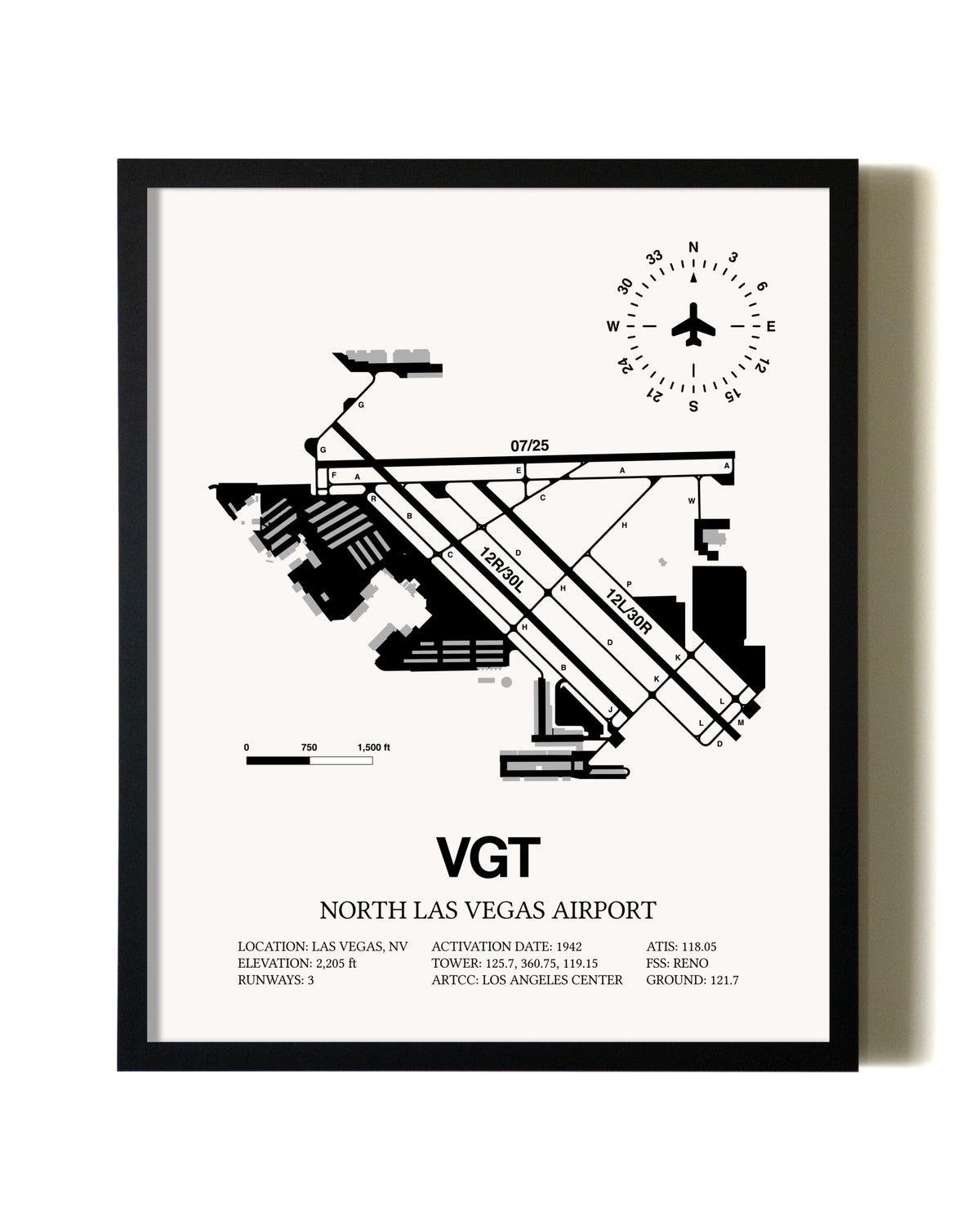 Framed North Las Vegas Airport wall art poster in black frame