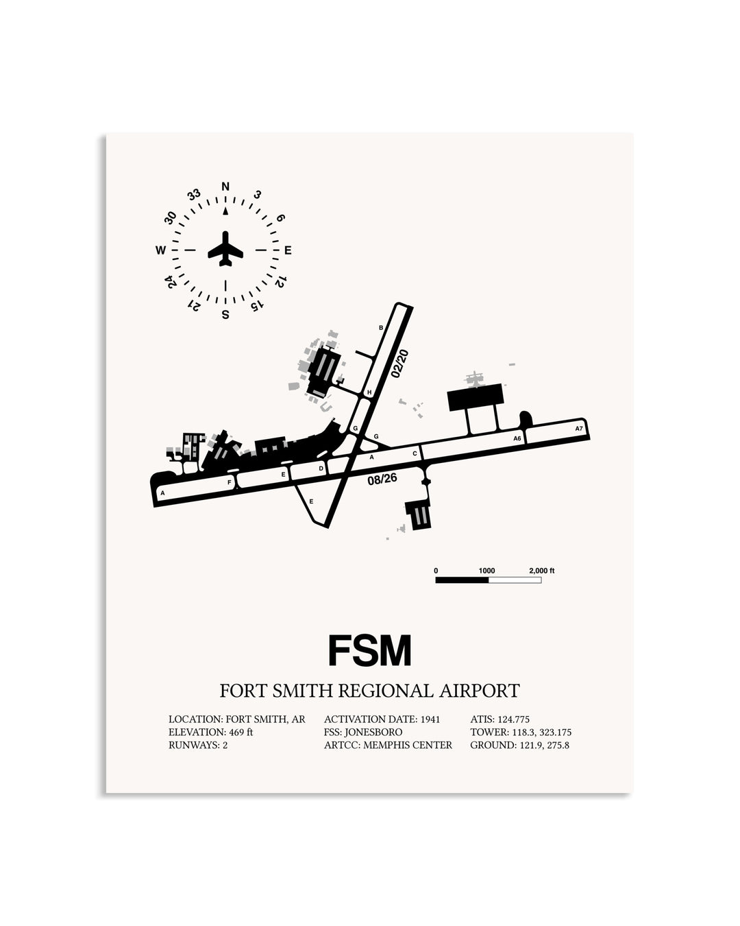 Gray Fort Smith Regional Airport framed poster displayed in an airplane hangar