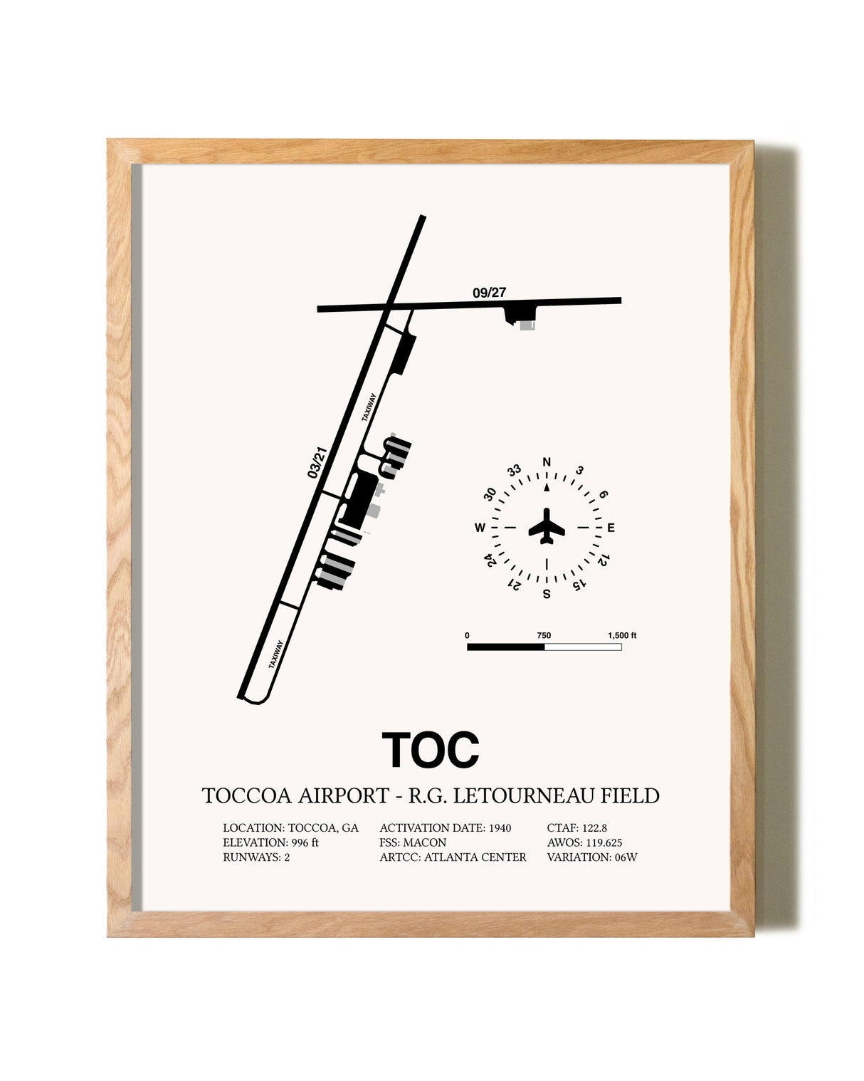 Toccoa Airport - R.G. Letourneau Field framed print in natural wood frame