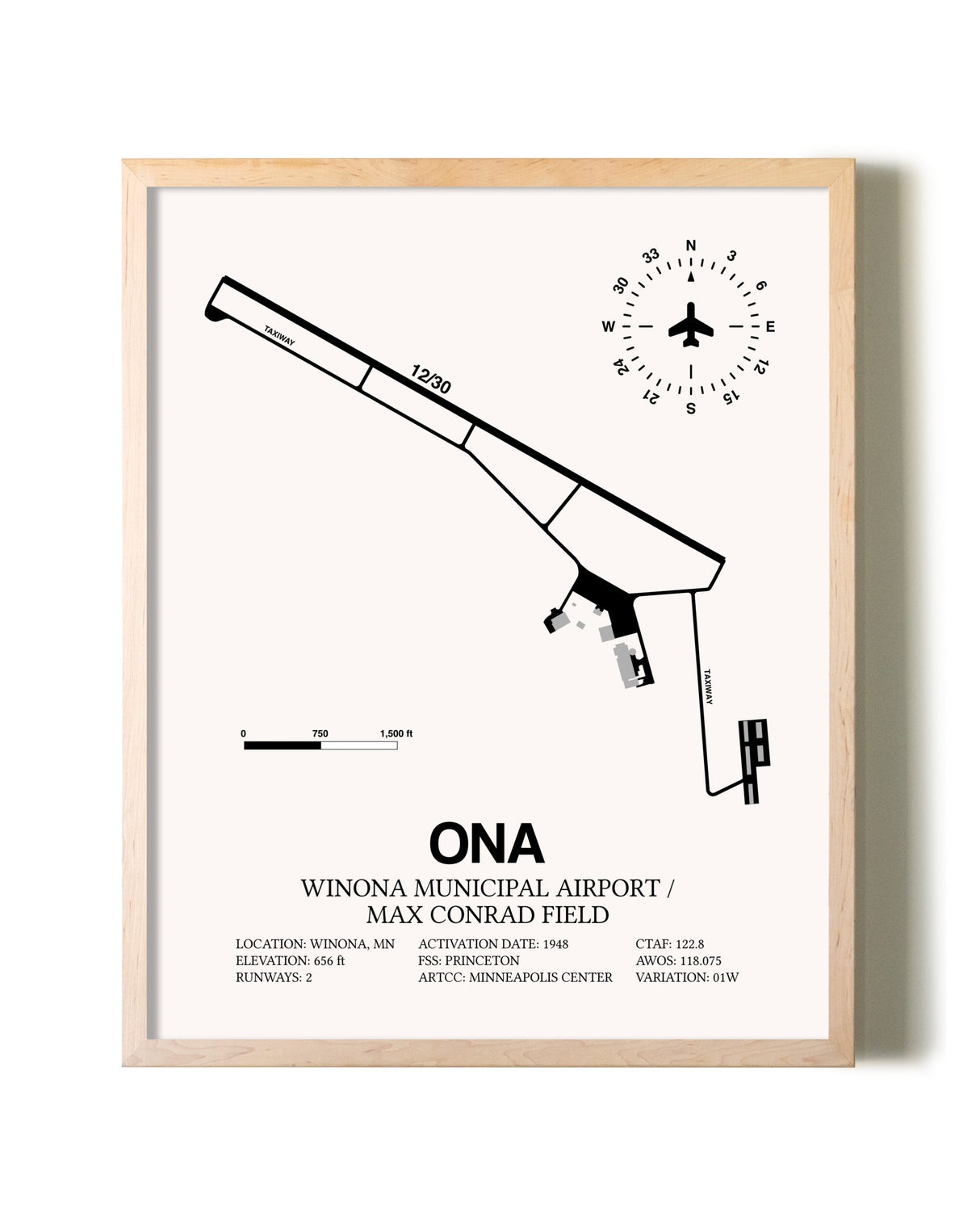 Winona Municipal Airport / Max Conrad Field framed wall art in white frame