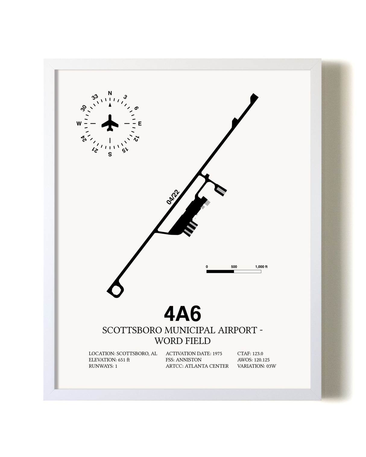 Scottsboro Municipal Airport - Word Field airport map poster in oak frame