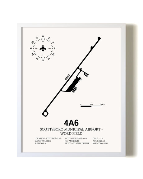 Scottsboro Municipal Airport - Word Field airport map poster in oak frame