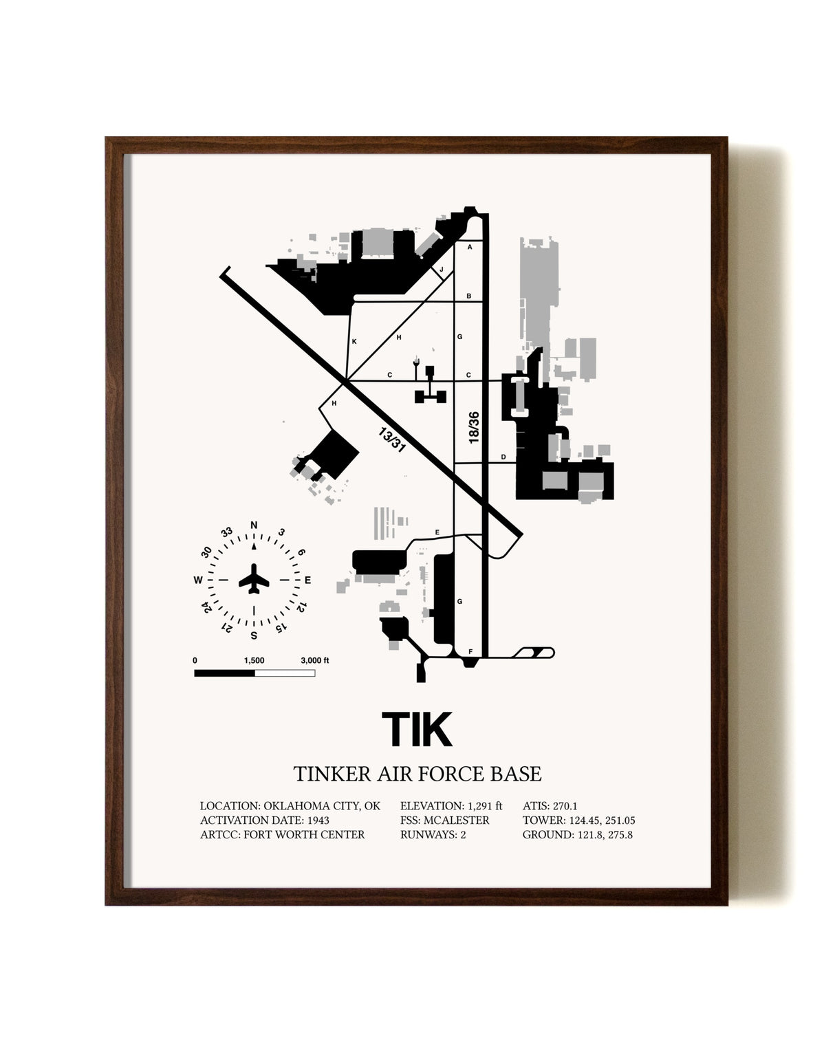 Tinker Air Force Base aviation print in walnut frame