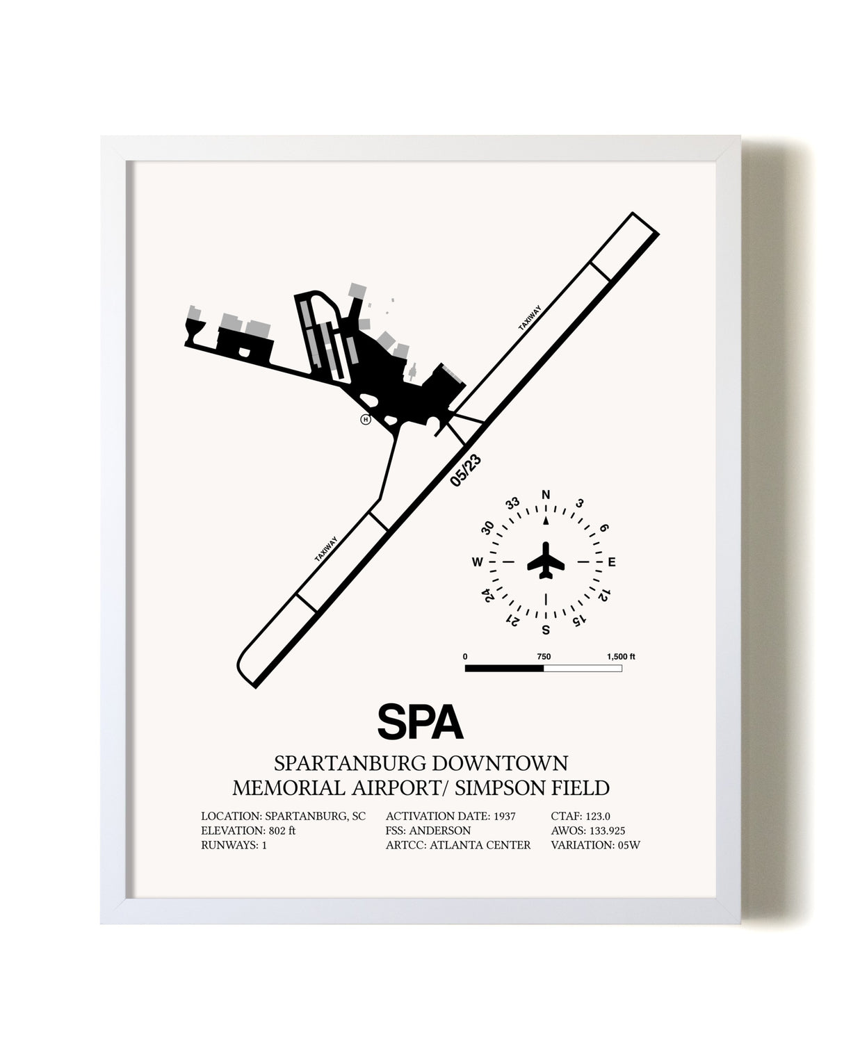 Spartanburg Downtown Memorial Airport / Simpson Field airport map poster in oak frame