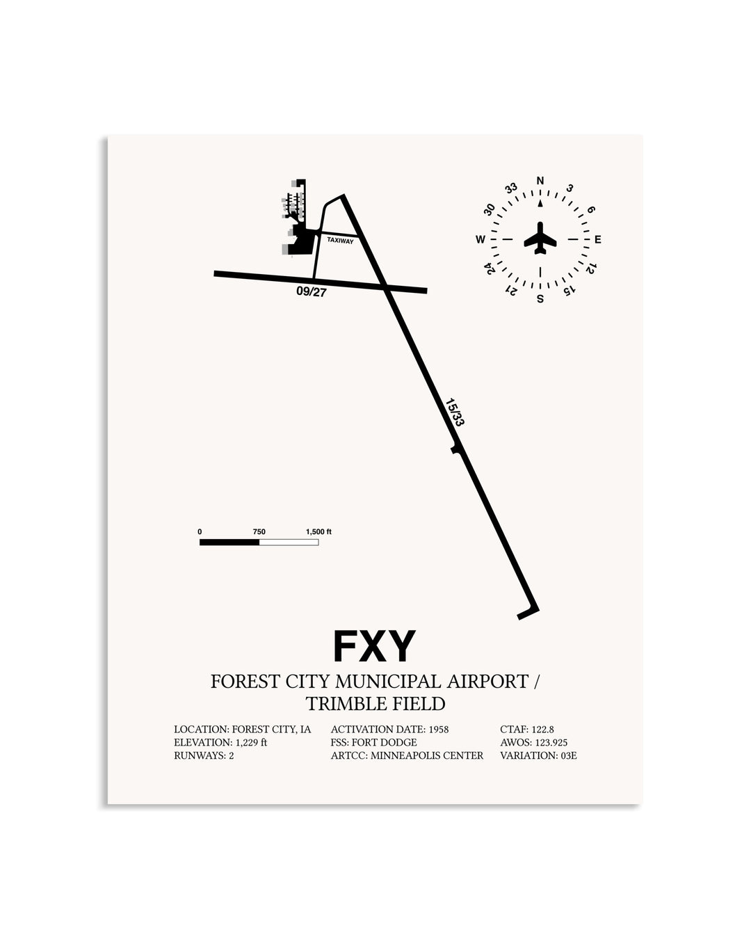 Gray Forest City Municipal Airport / Trimble Field framed poster displayed in an airplane hangar