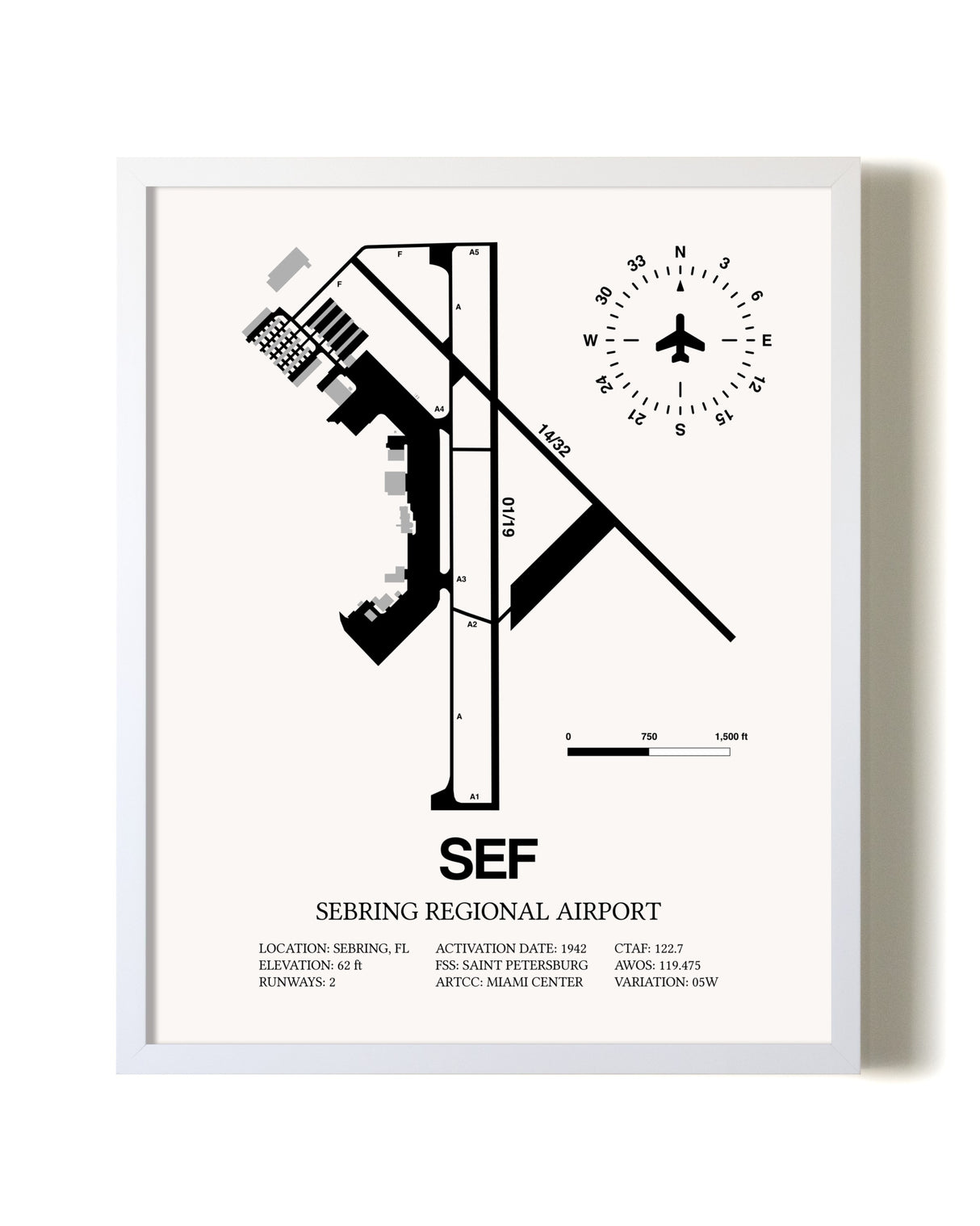 Sebring Regional Airport airport map poster in oak frame