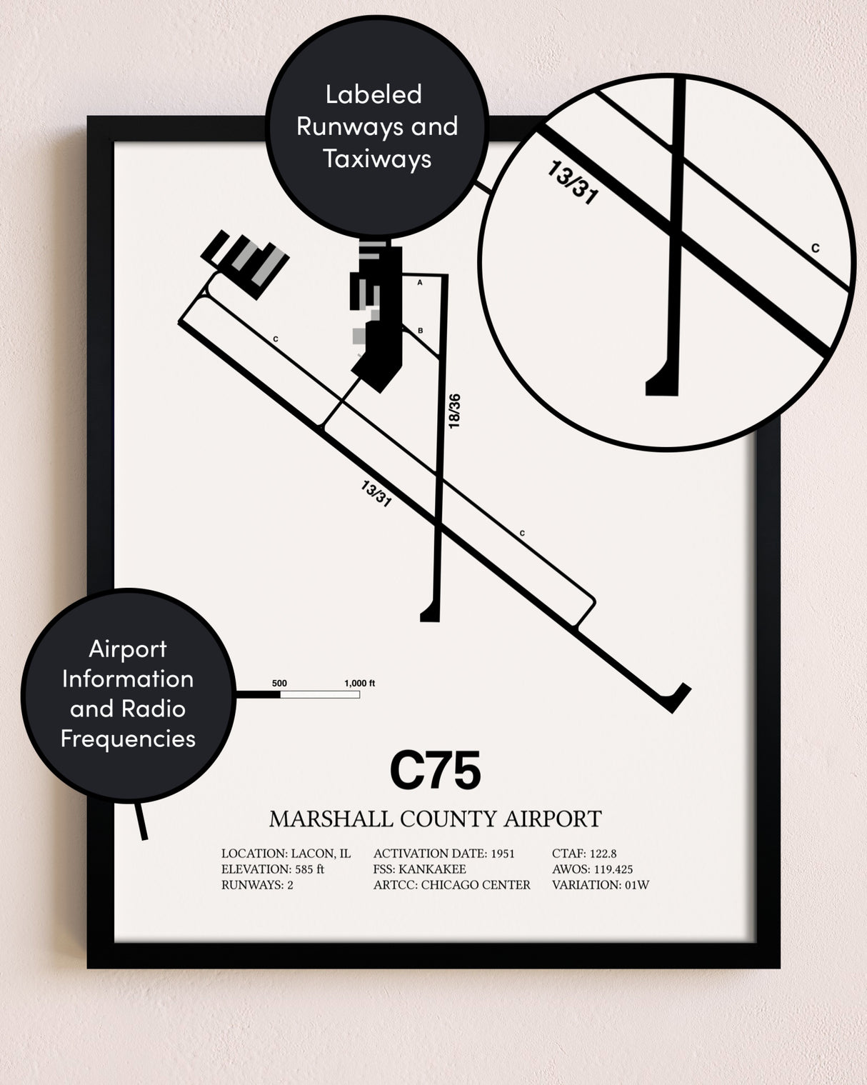 Framed Marshall County Airport layout wall art poster