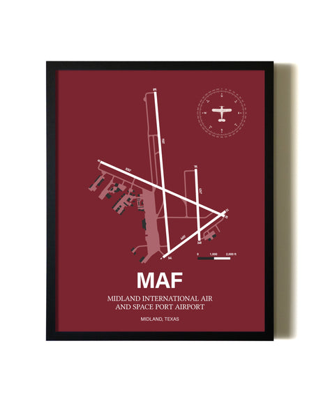 Red Framed Midland International Air and Space Port Airport wall art poster in black frame