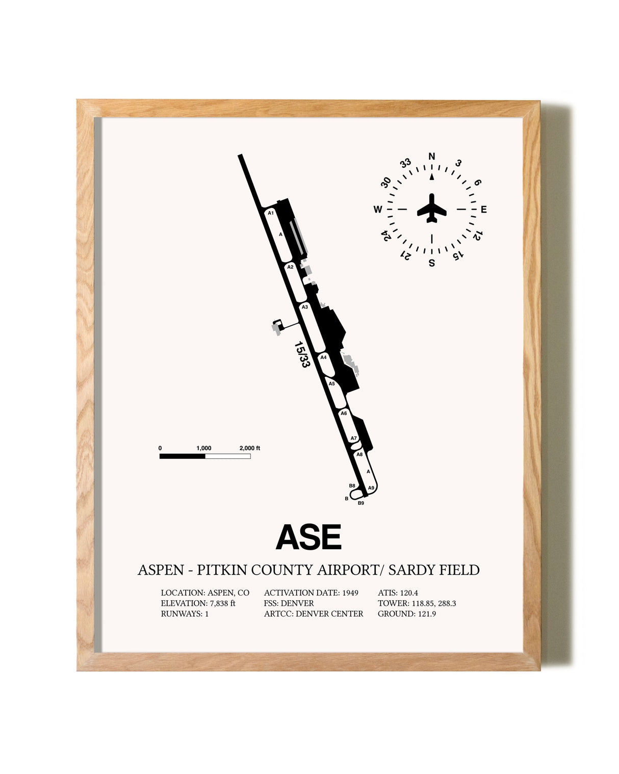 Aspen-Pitkin County Airport / Sardy Field framed print in natural wood frame