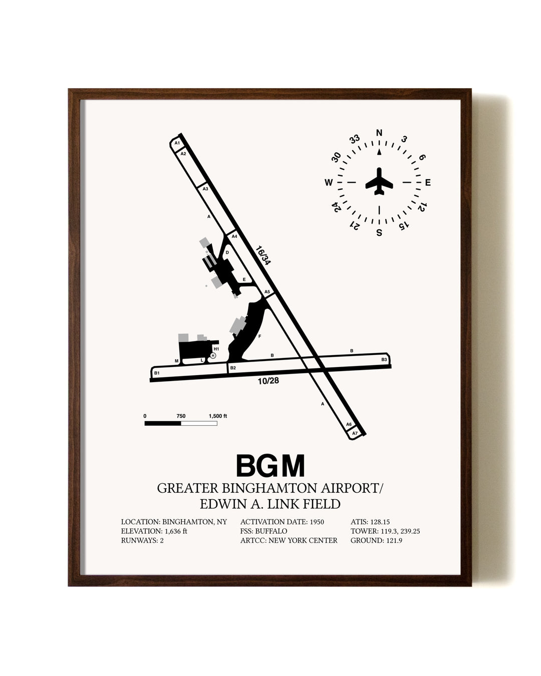 Greater Binghamton Airport / Edwin A. Link Field aviation print in walnut frame