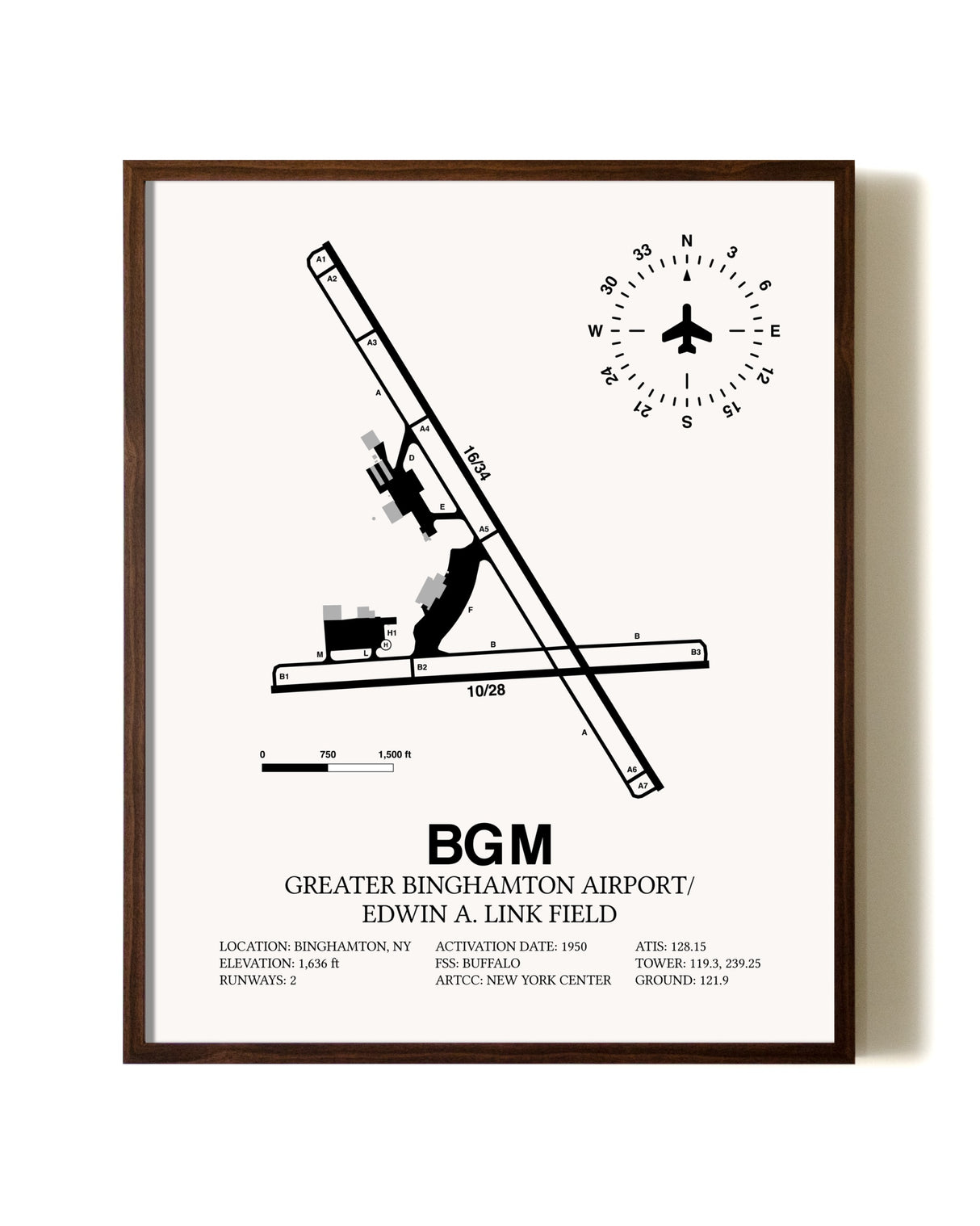 Greater Binghamton Airport / Edwin A. Link Field aviation print in walnut frame
