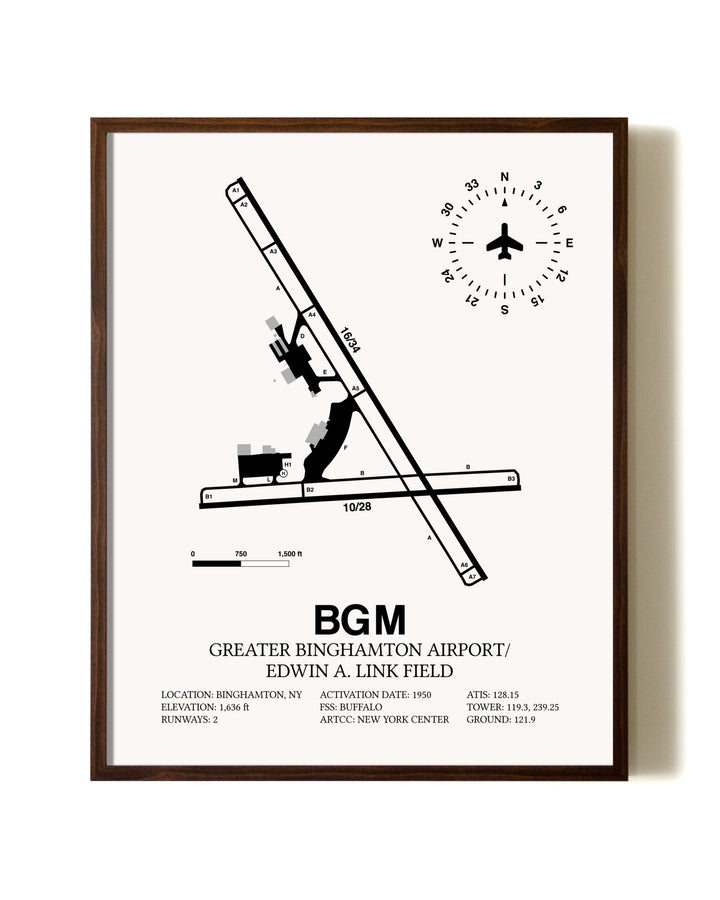 Greater Binghamton Airport / Edwin A. Link Field aviation print in walnut frame