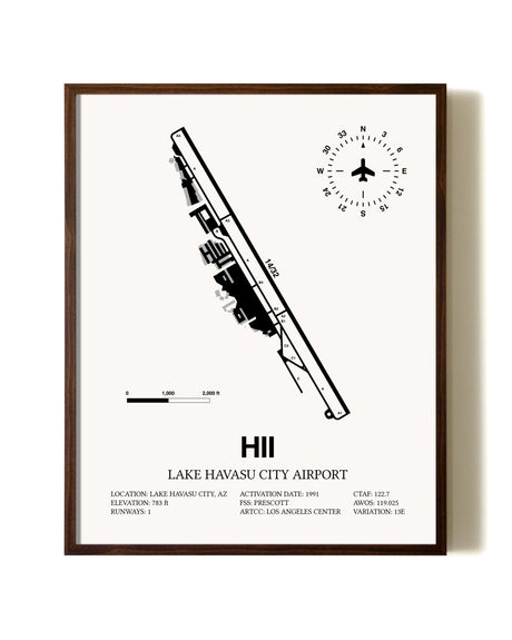 Lake Havasu City Airport aviation print in walnut frame