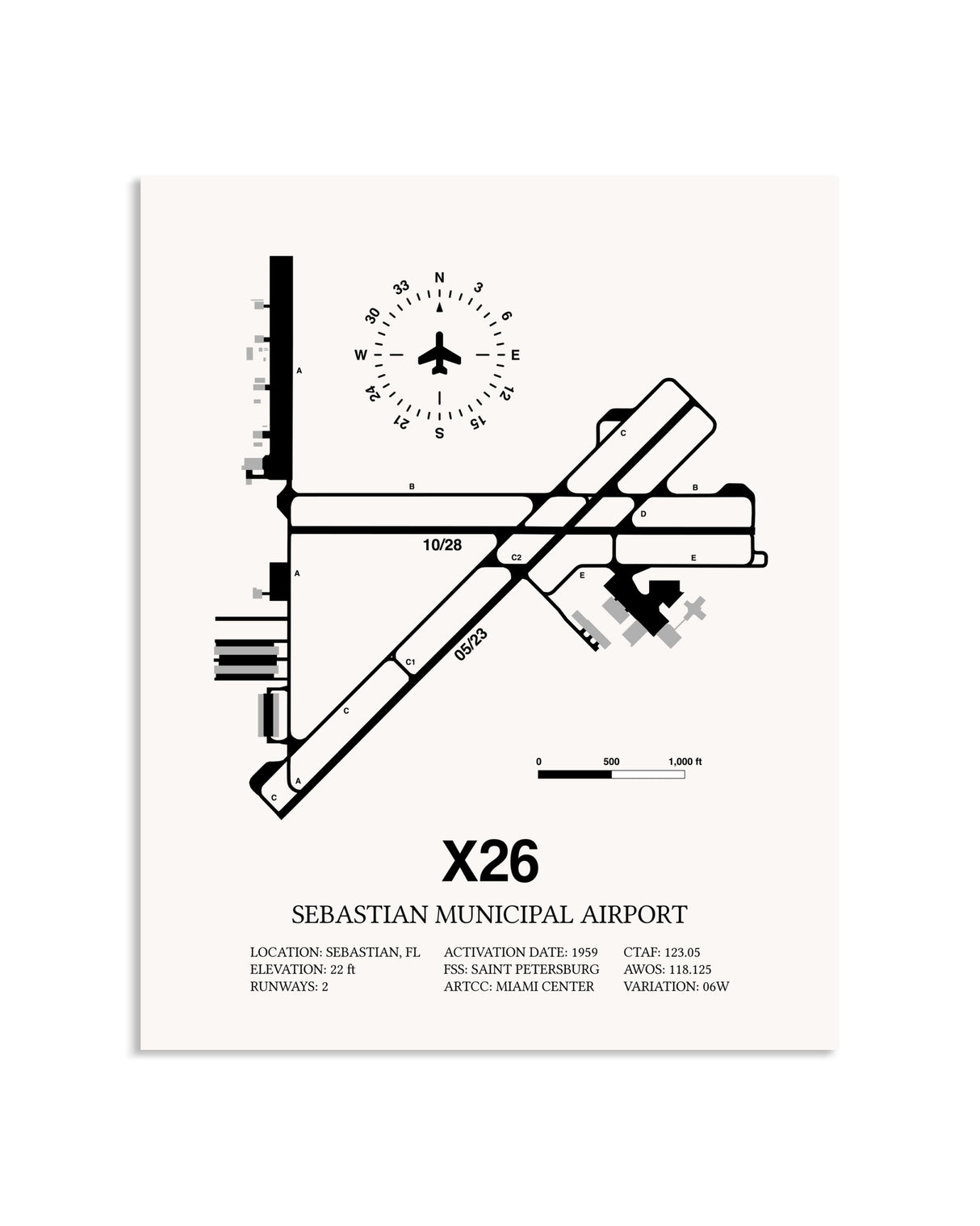 Gray Sebastian Municipal Airport framed poster displayed in an airplane hangar