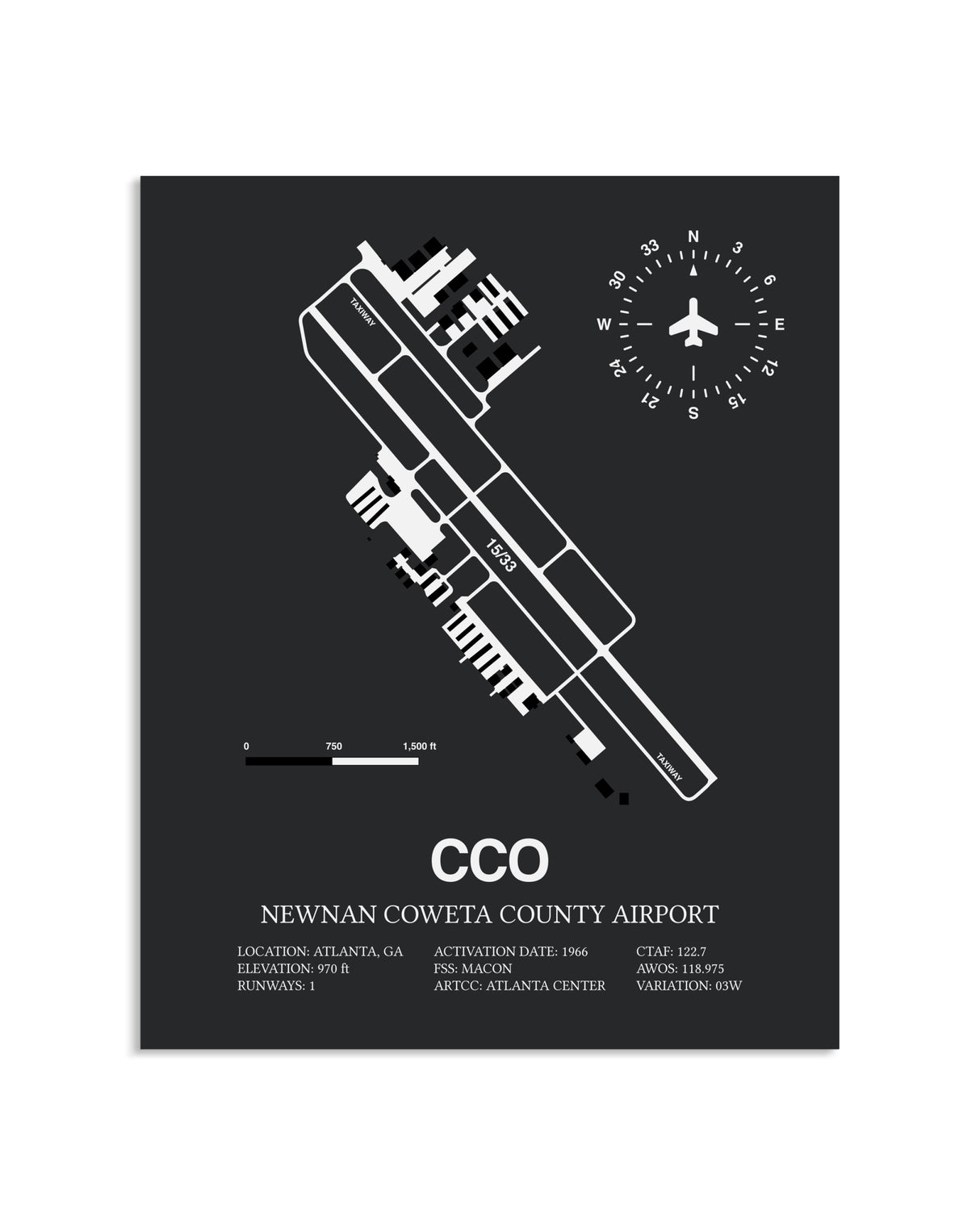 Gray Framed Newnan Coweta County Airport layout wall art poster