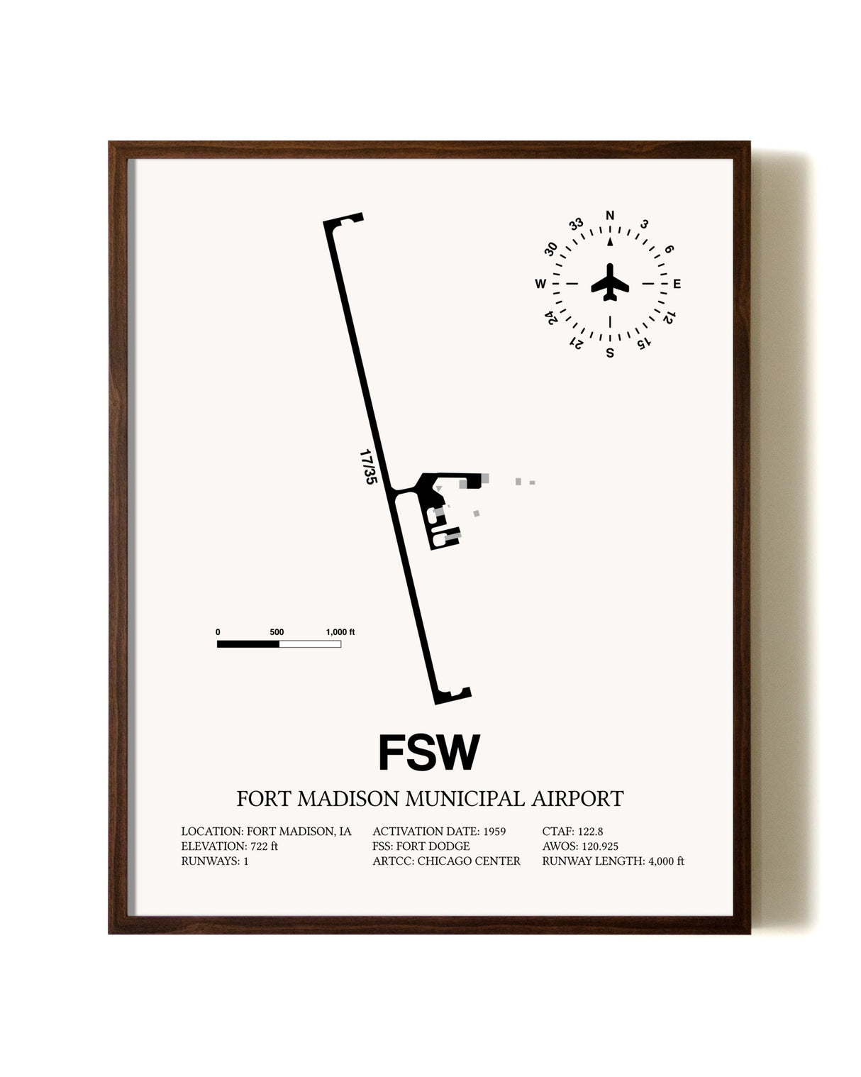 Fort Madison Municipal Airport aviation print in walnut frame