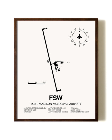 Fort Madison Municipal Airport aviation print in walnut frame