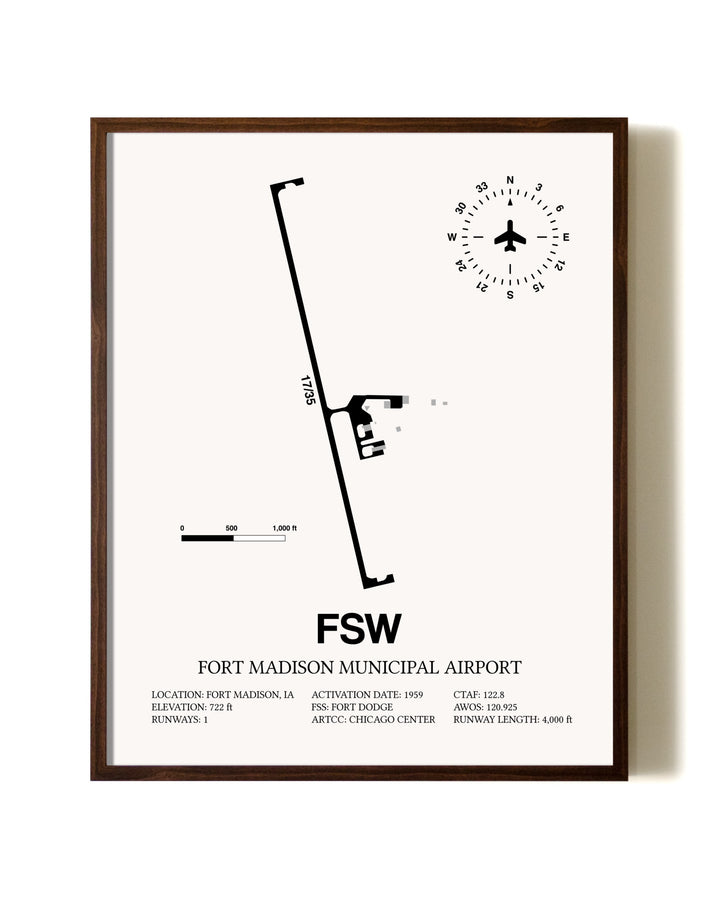 Fort Madison Municipal Airport aviation print in walnut frame