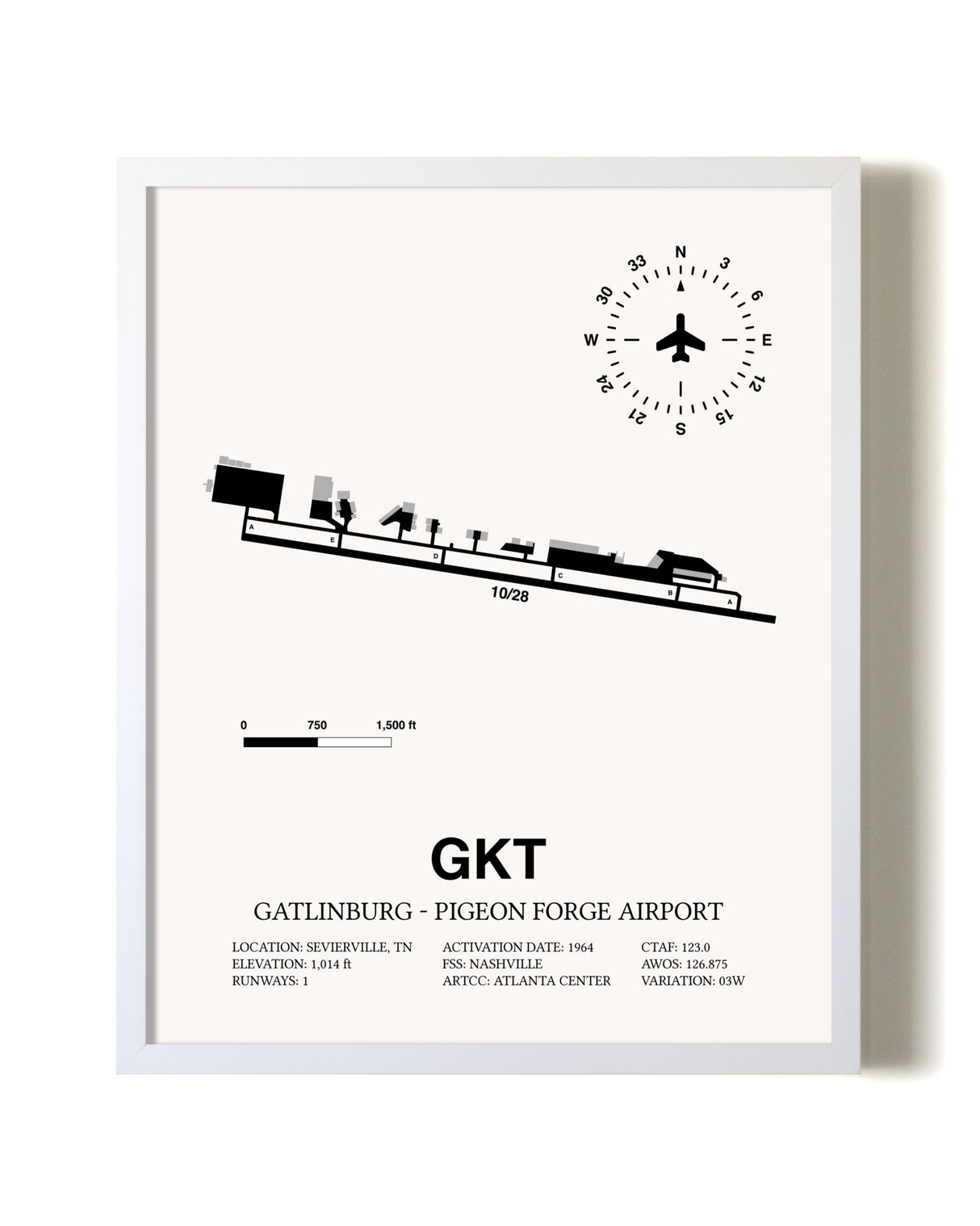 Gatlinburg-Pigeon Forge Airport airport map poster in oak frame
