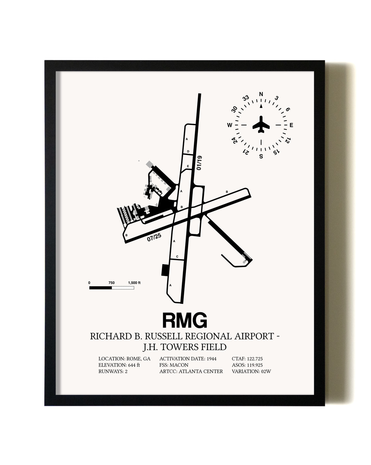 Framed Richard B. Russell Regional Airport - J.H. Towers Field wall art poster in black frame