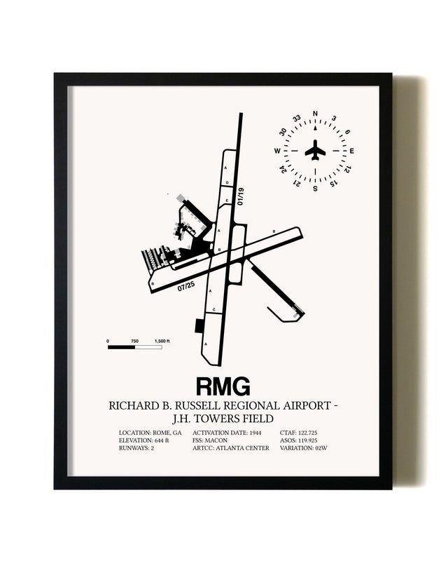 Framed Richard B. Russell Regional Airport - J.H. Towers Field wall art poster in black frame