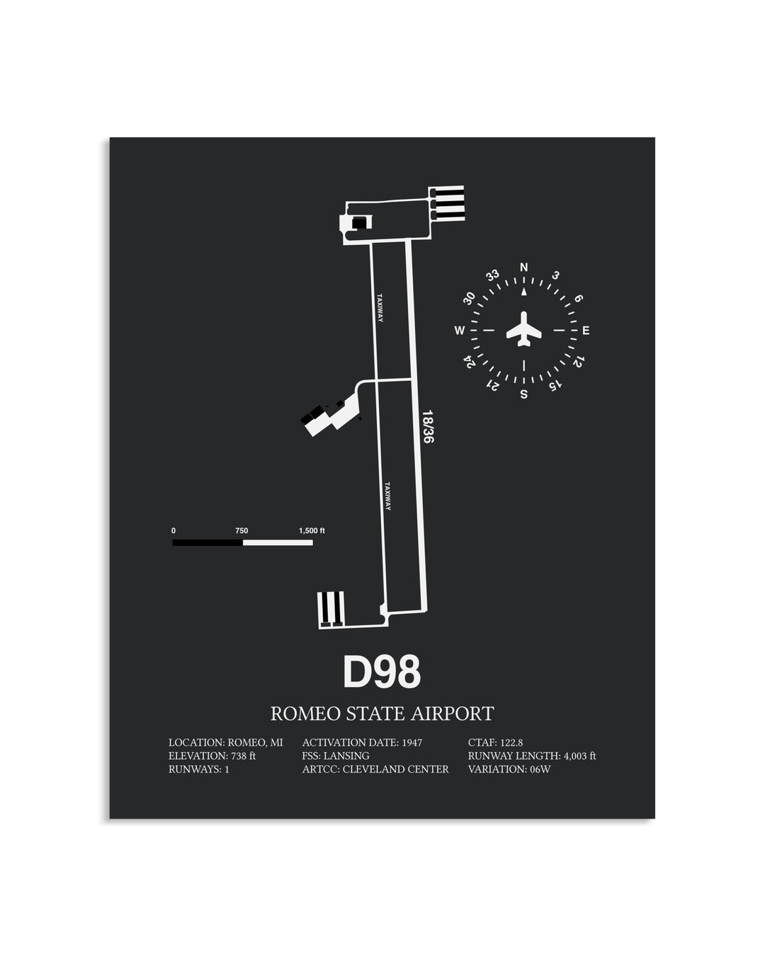 Gray Framed Romeo State Airport layout wall art poster