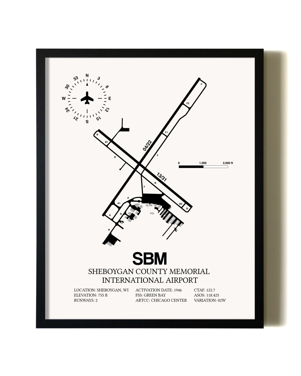 Framed Sheboygan County Memorial International Airport wall art poster in black frame