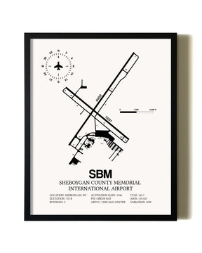 Framed Sheboygan County Memorial International Airport wall art poster in black frame