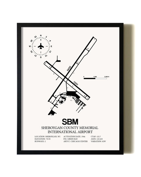 Framed Sheboygan County Memorial International Airport wall art poster in black frame