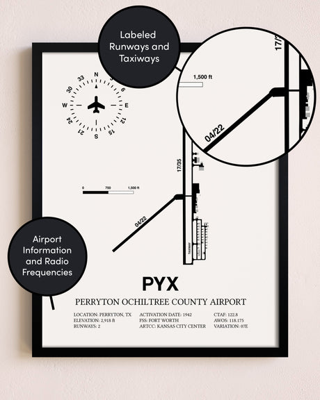 Framed Perryton Ochiltree County Airport layout wall art poster