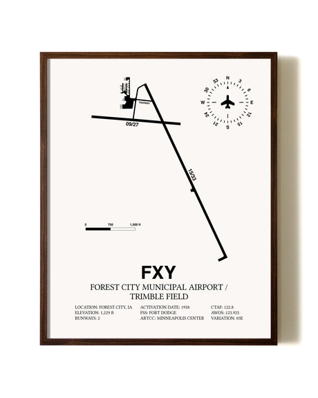 Forest City Municipal Airport / Trimble Field aviation print in walnut frame