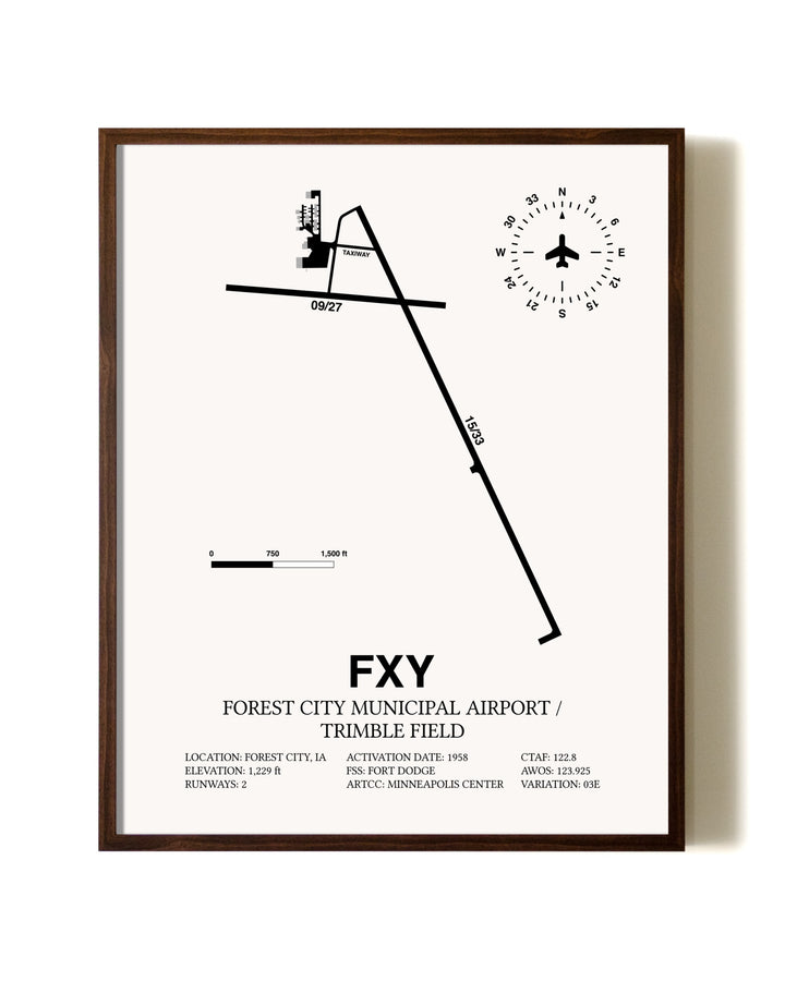 Forest City Municipal Airport / Trimble Field aviation print in walnut frame