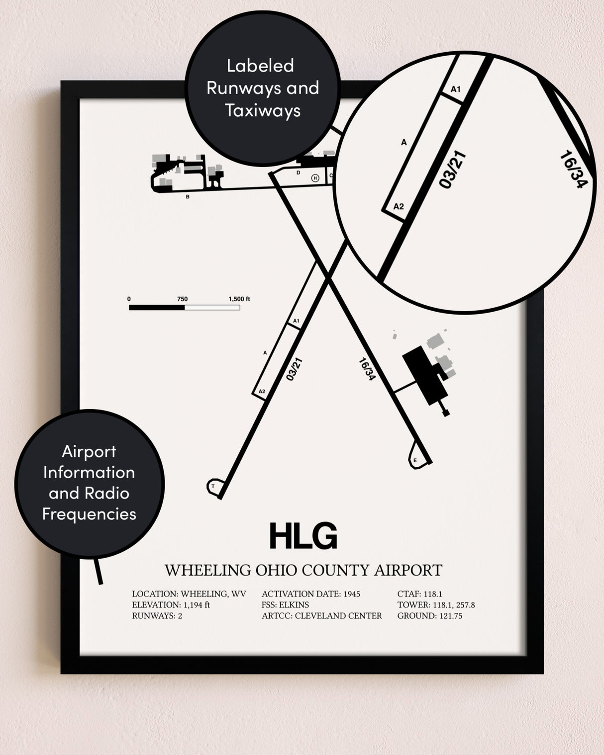 Framed Wheeling Ohio County Airport layout wall art poster