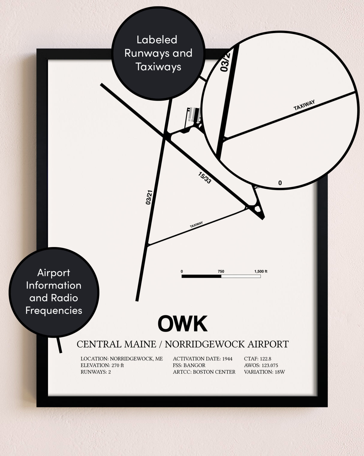 Framed Central Maine / Norridgewock Airport layout wall art poster