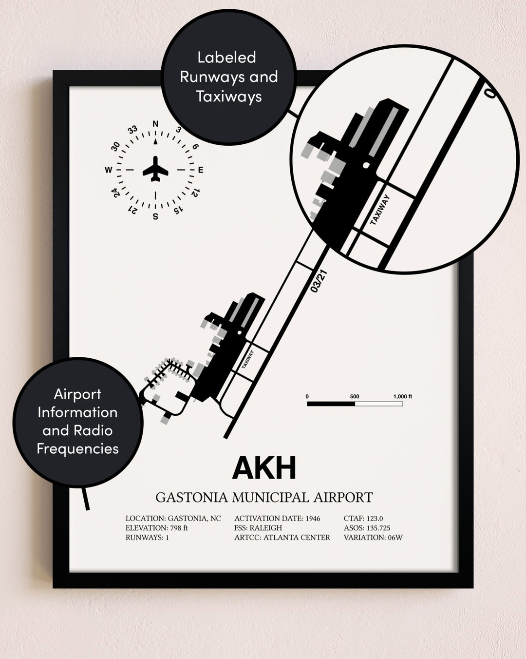 Framed Gastonia Municipal Airport layout wall art poster