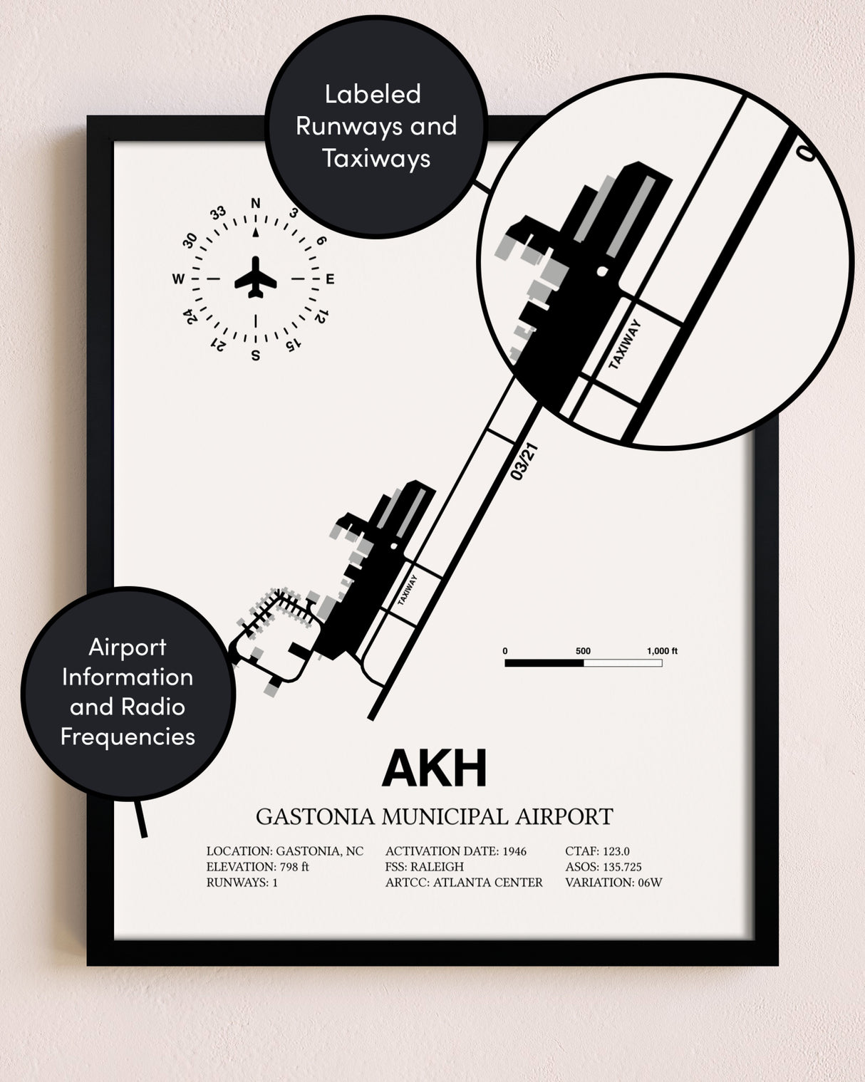 Framed Gastonia Municipal Airport layout wall art poster
