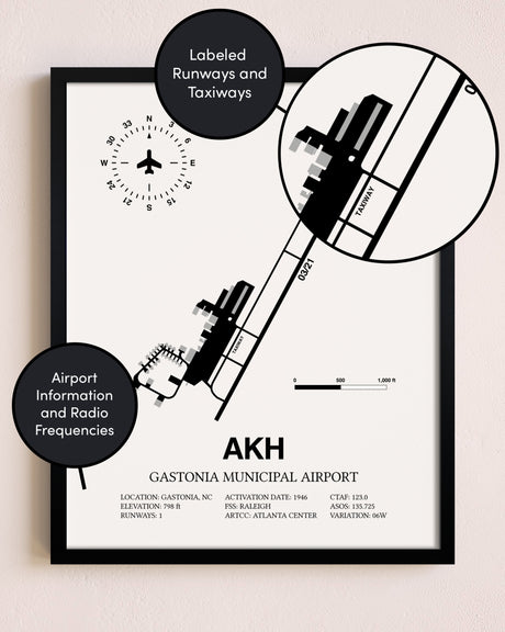 Framed Gastonia Municipal Airport layout wall art poster