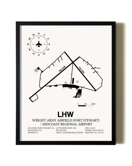 Framed Wright Army Airfield (Fort Stewart) / Midcoast Regional Airport wall art poster in black frame