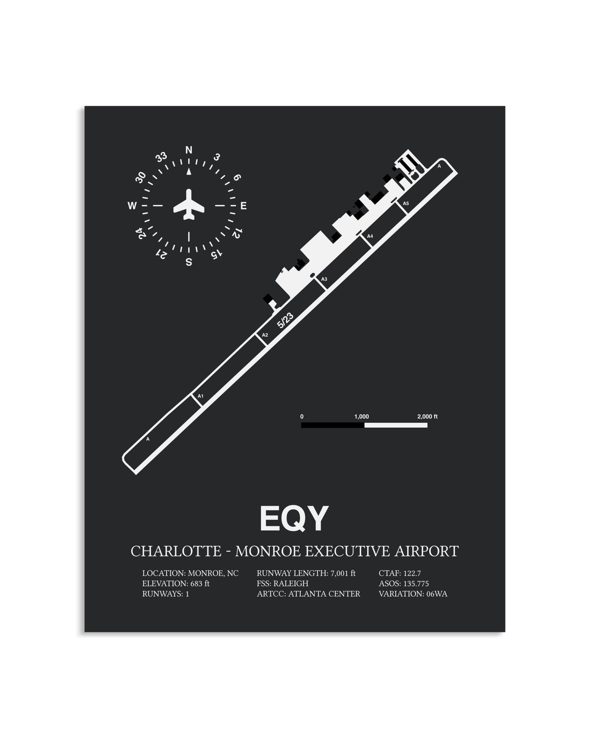 Gray Framed Charlotte-Monroe Executive Airport layout wall art poster