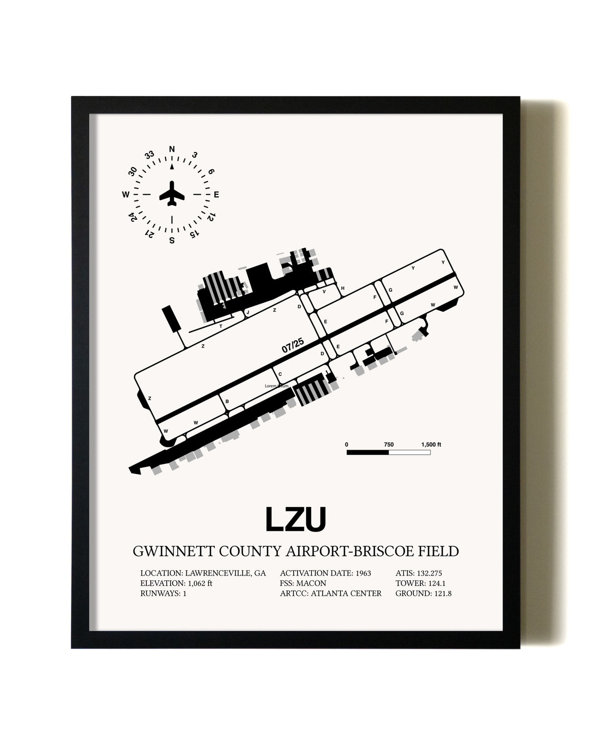 Framed Gwinnett County Airport-Briscoe Field wall art poster in black frame