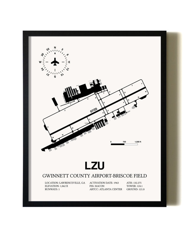 Framed Gwinnett County Airport-Briscoe Field wall art poster in black frame