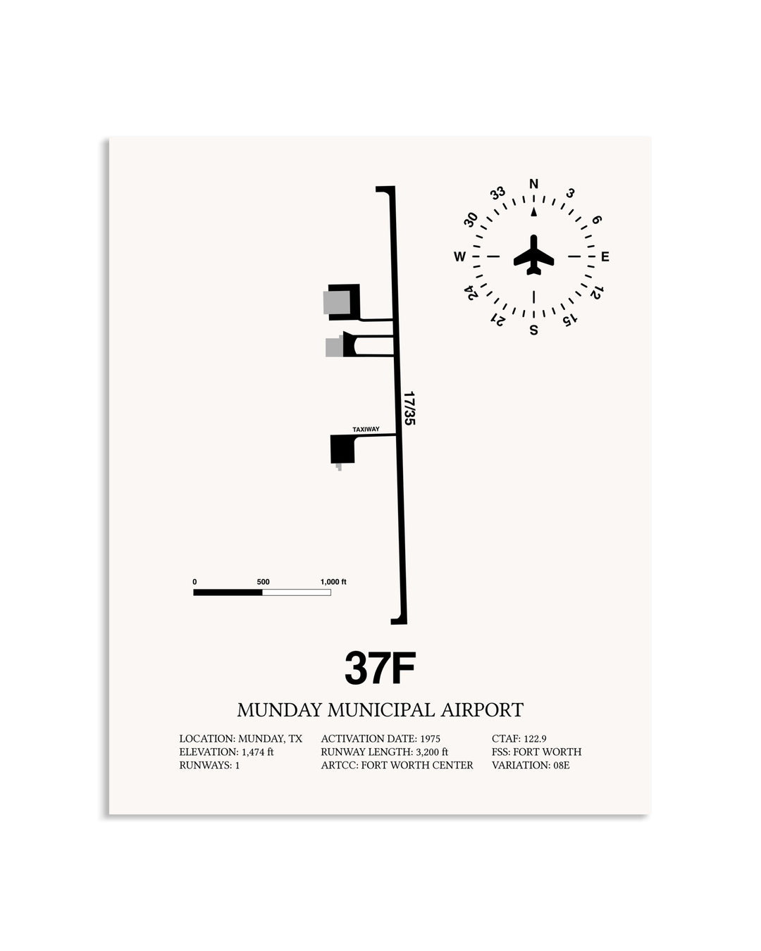 Gray Munday Municipal Airport framed poster displayed in an airplane hangar