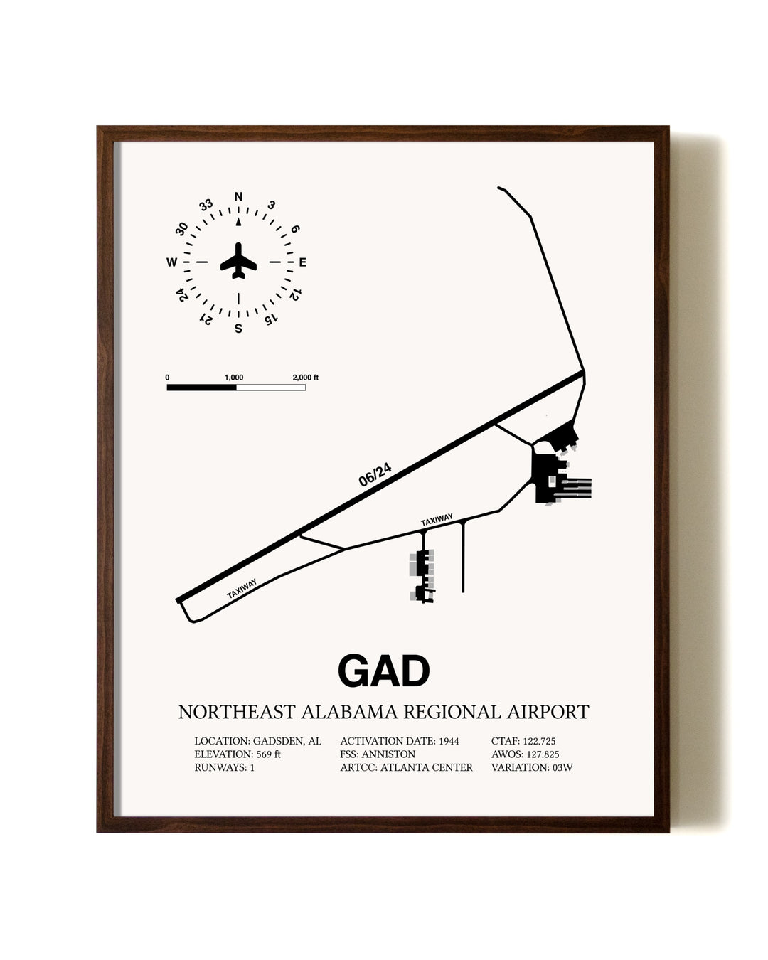 Northeast Alabama Regional Airport aviation print in walnut frame