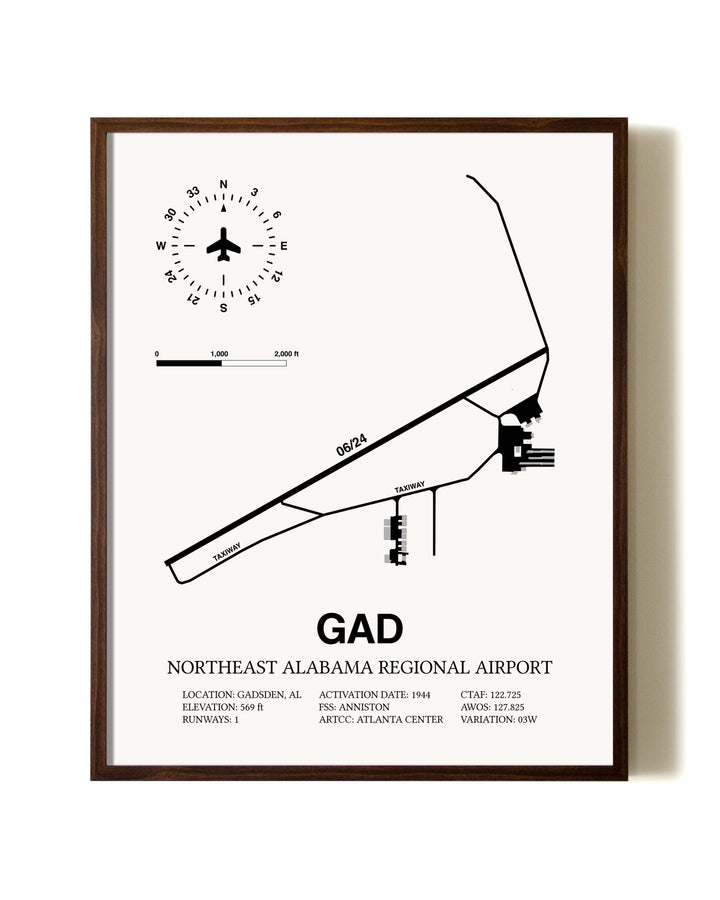Northeast Alabama Regional Airport aviation print in walnut frame