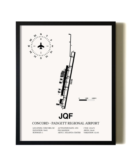 Framed Concord-Padgett Regional Airport wall art poster in black frame