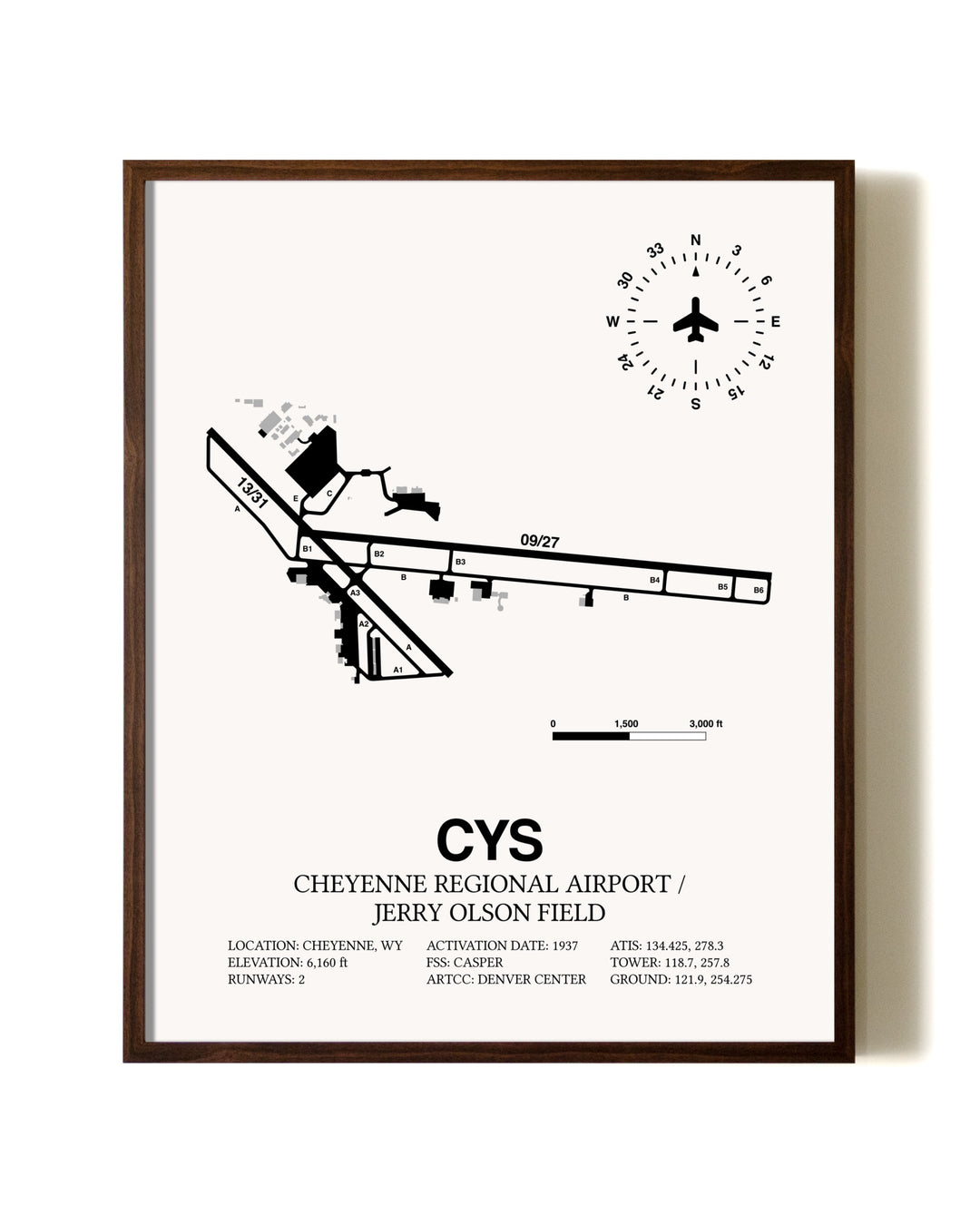 Cheyenne Regional Airport / Jerry Olson Field aviation print in walnut frame