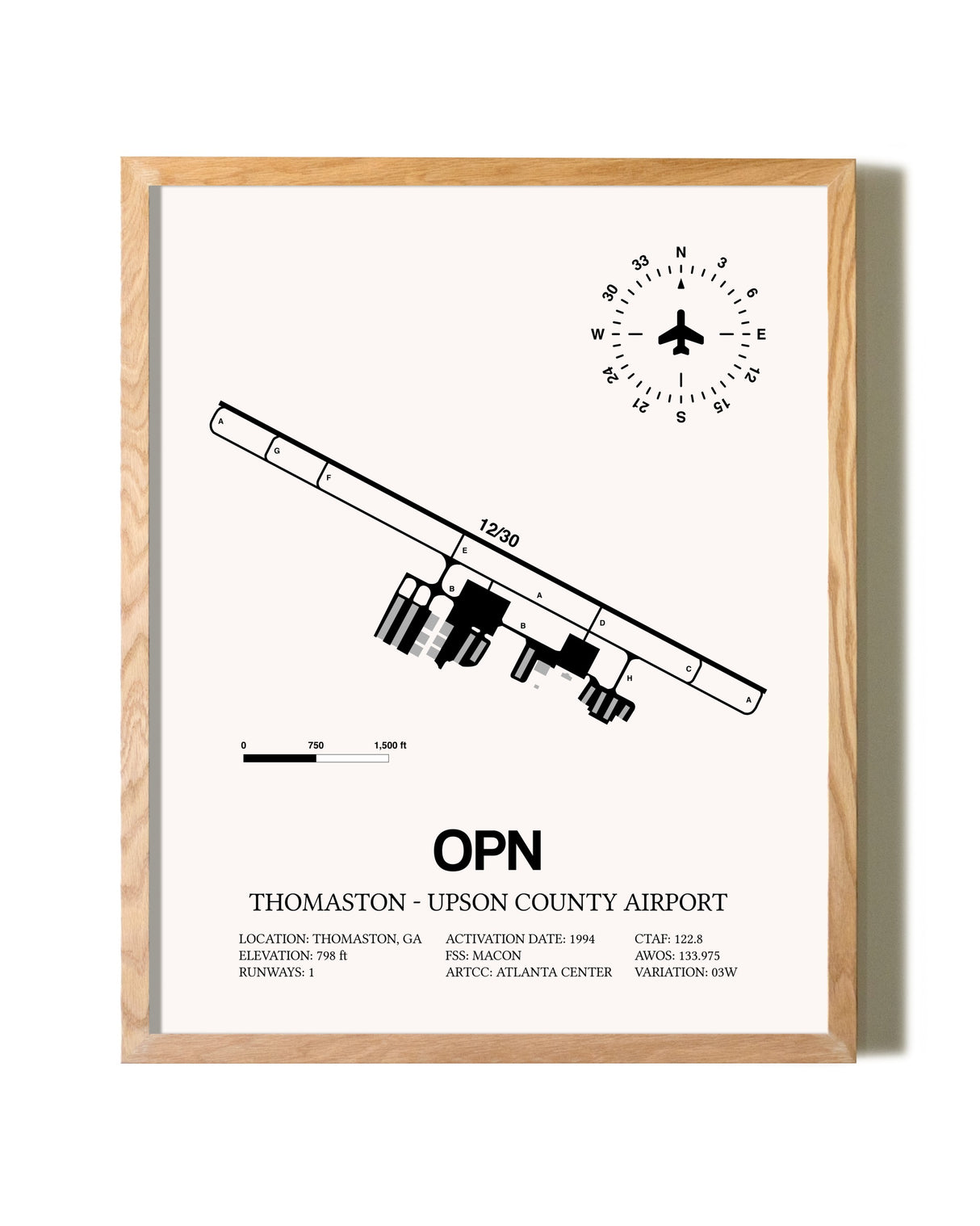 Thomaston-Upson County Airport framed print in natural wood frame